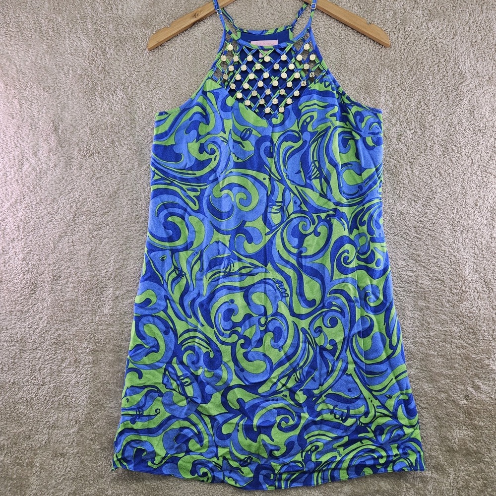Lilly Pulitzer Reecy Blue Halter Swing Dress Small Green Blue I'm No Angel Mini